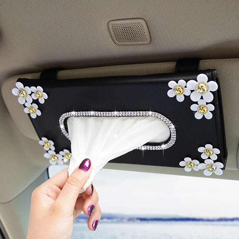 1 Pcs Car Crystal Paper Box with Chrysanthemum Crystal Tissue Box for Sun Visor