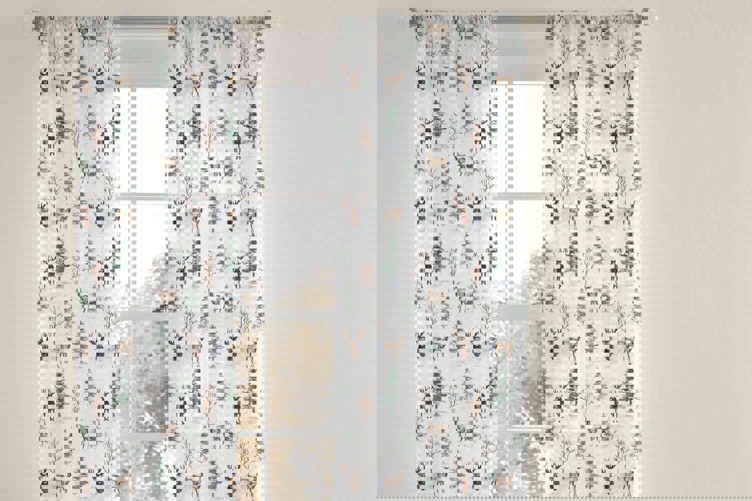 Deer Sheer Curtain Single Panel - Woodland Nursery Curtain for Kids Room