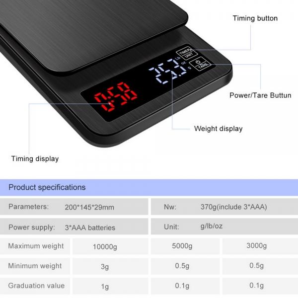 LED Electronic Drip Coffee Scale with Timer for Household Cooking Baking Weighing with Precision Sensors Black - 3kg/0.1g