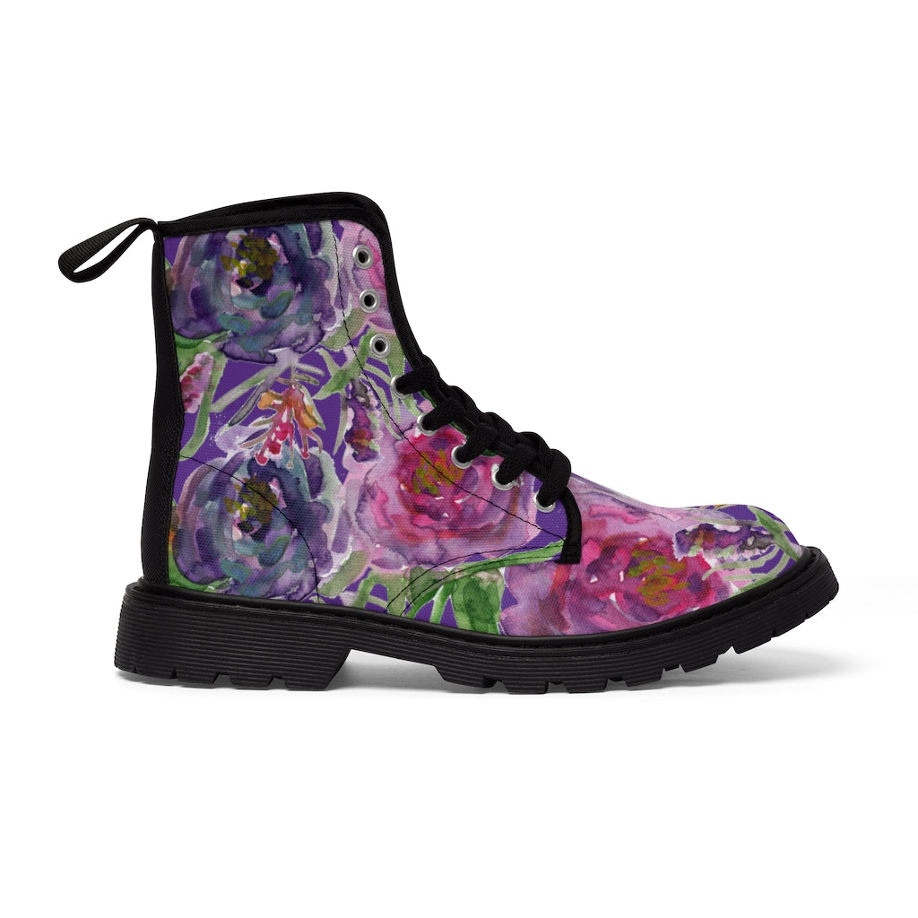 Purple Flower Print Women's Winter Boots - Vintage Style Lace-Up Combat Boots