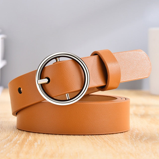 CARTELO Women's Fashion Leather Belt with Golden Round Pin Buckle