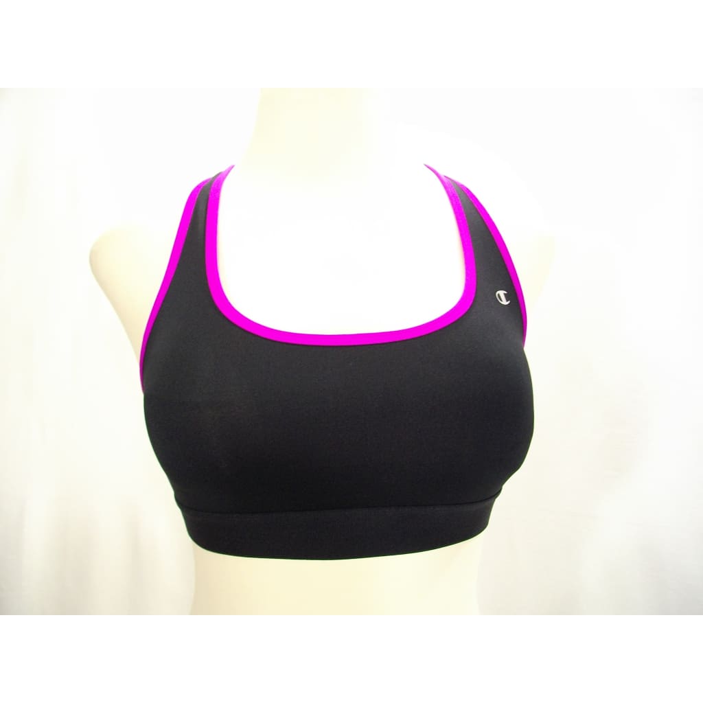 Champion B0791 Compression Racerback Wire Free Sports Bra - Medium, Black with Purple Trim
