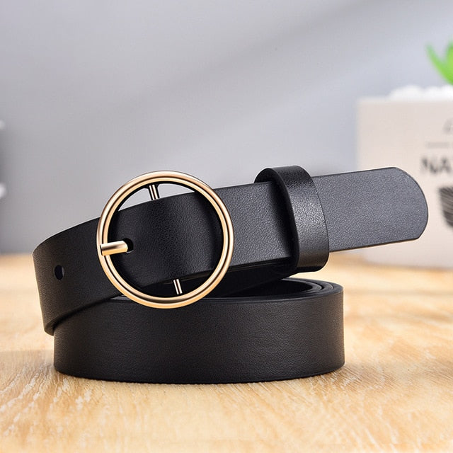 CARTELO Women's Fashion Leather Belt with Golden Round Pin Buckle