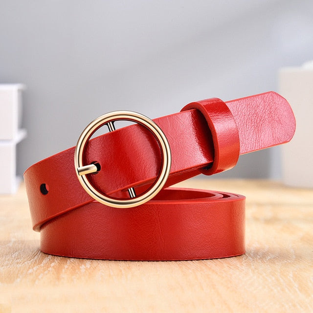 CARTELO Women's Fashion Leather Belt with Golden Round Pin Buckle