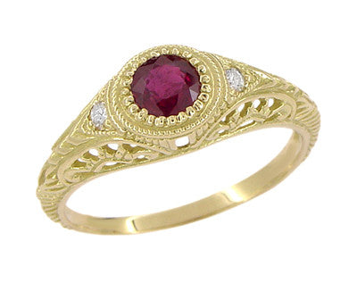 1920s Art Deco Yellow Gold Ruby Filigree Engagement Ring with Side Diamonds
