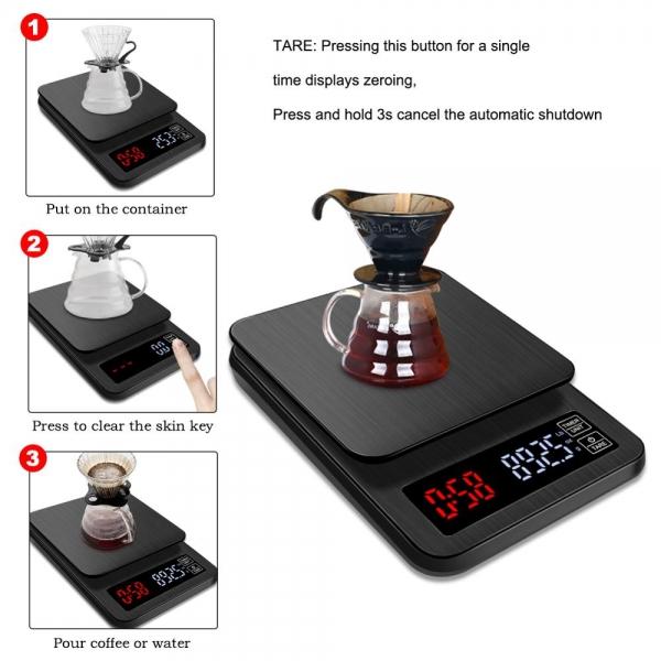 LED Electronic Drip Coffee Scale with Timer for Household Cooking Baking Weighing with Precision Sensors Black - 3kg/0.1g