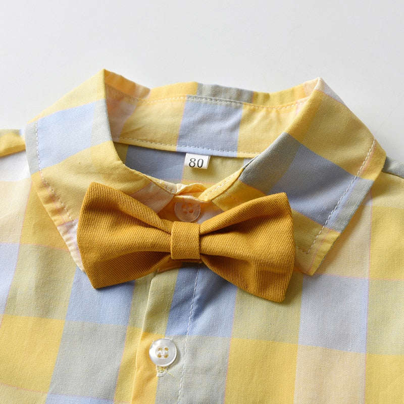 Boys Gentleman Clothing Set - Cotton Long Sleeve Plaid Shirt with Bow Tie and Overalls