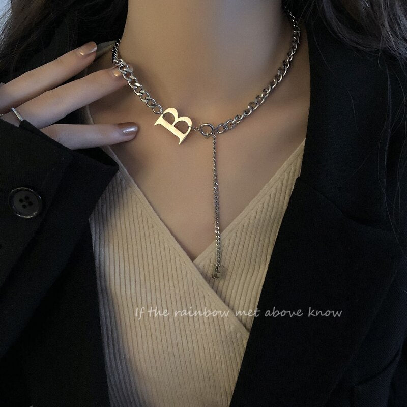 Korean Harajuku Goth Stainless Steel Necklace for Women - Hip Hop Cuban Link Chain with B Letter Pendant