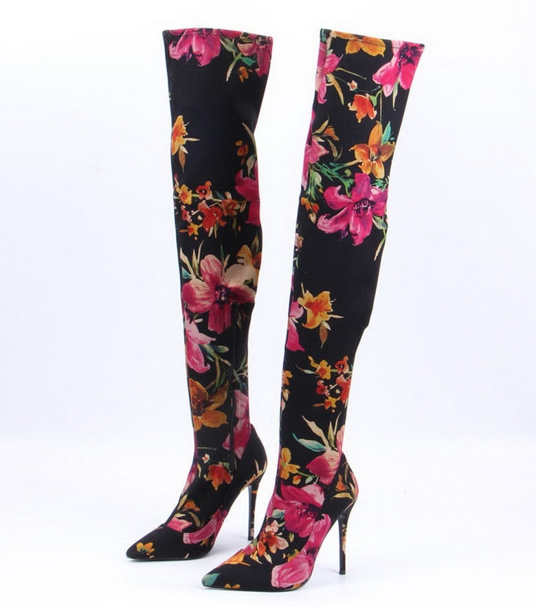 Autumn Women Thigh High Boots - Flower Print Stretch Fabric, Sexy Thin Heel, Pointed Toe, Side Zip