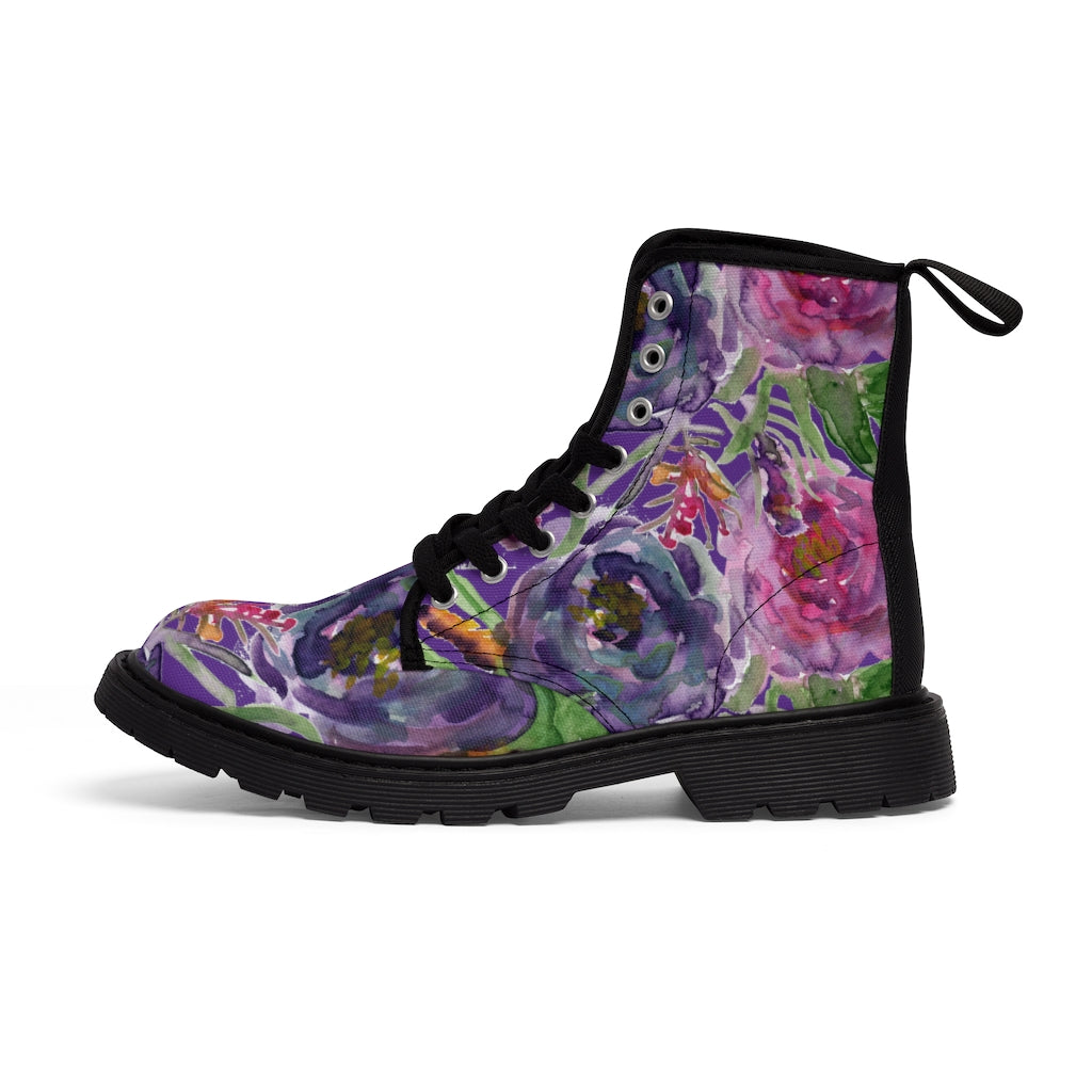 Purple Flower Print Women's Winter Boots - Vintage Style Lace-Up Combat Boots