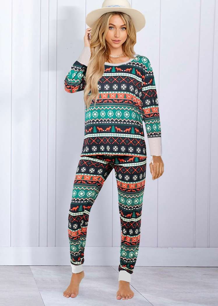 Fashion Christmas Striped Print Long Sleeve 2 Pieces Christmas Pajamas for Women