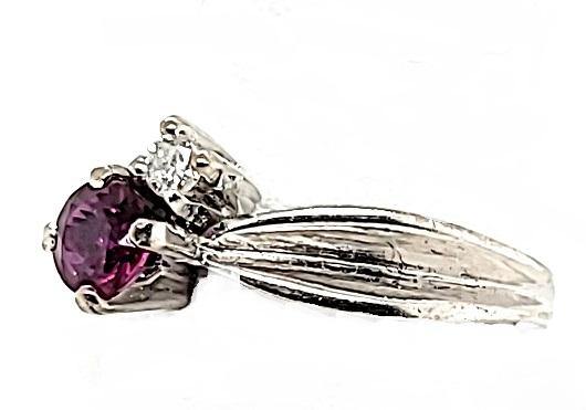 Vintage Ruby and Diamond Ring in 14K White Gold with Unique Wine Color