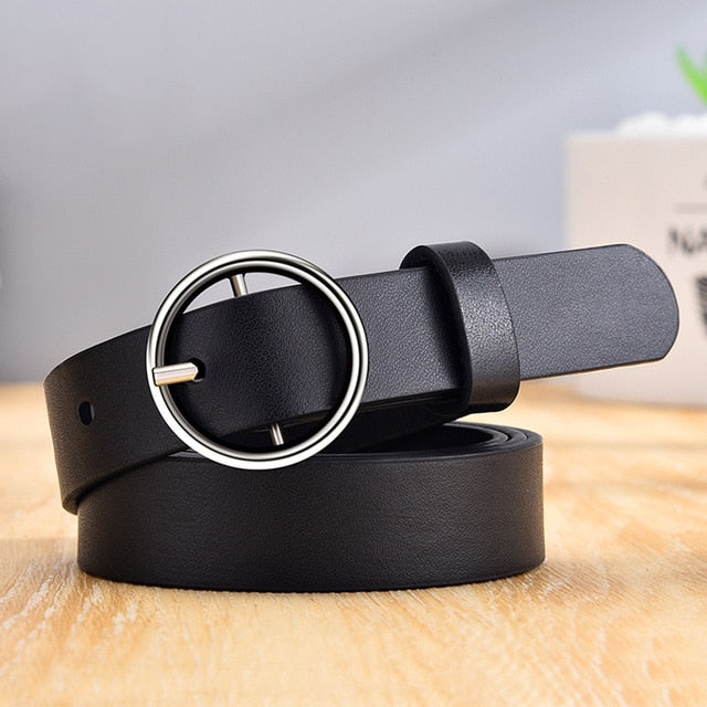 CARTELO Women's Fashion Leather Belt with Golden Round Pin Buckle