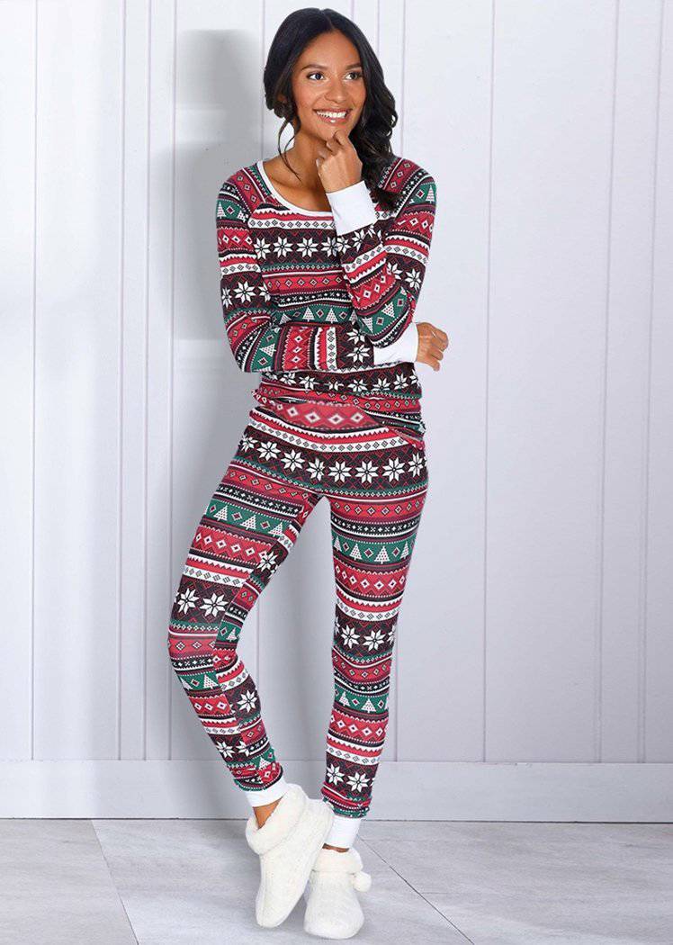 Fashion Christmas Striped Print Long Sleeve 2 Pieces Christmas Pajamas for Women