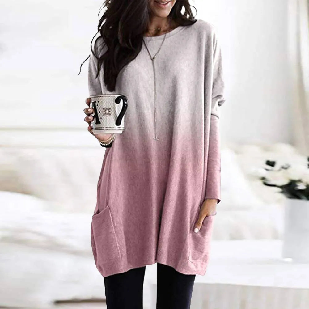 Nukty Women's Long Sleeve Pocket Tunic Blouse - Loose Fit Autumn/Winter Top
