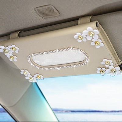 1 Pcs Car Crystal Paper Box with Chrysanthemum Crystal Tissue Box for Sun Visor