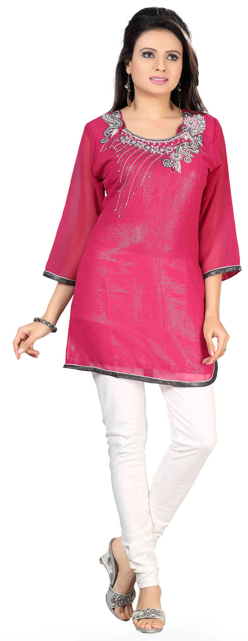 Women's Pink Sequins Kurti Top Long Tunic Blouse - Indian Georgette Fabric