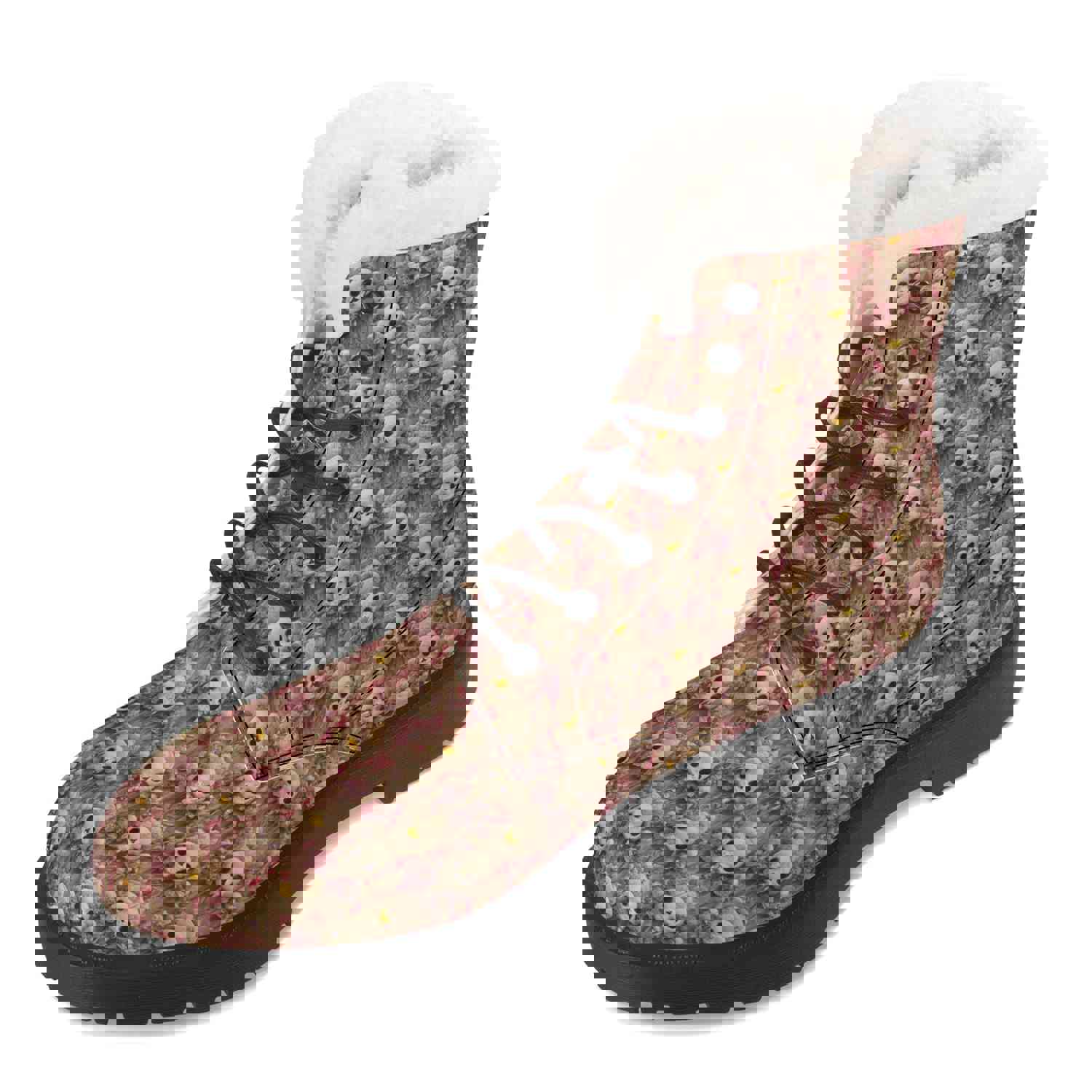 Womens Skulls Floral Faux Fur Leather Boots