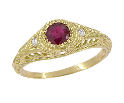 1920s Art Deco Yellow Gold Ruby Filigree Engagement Ring with Side Diamonds