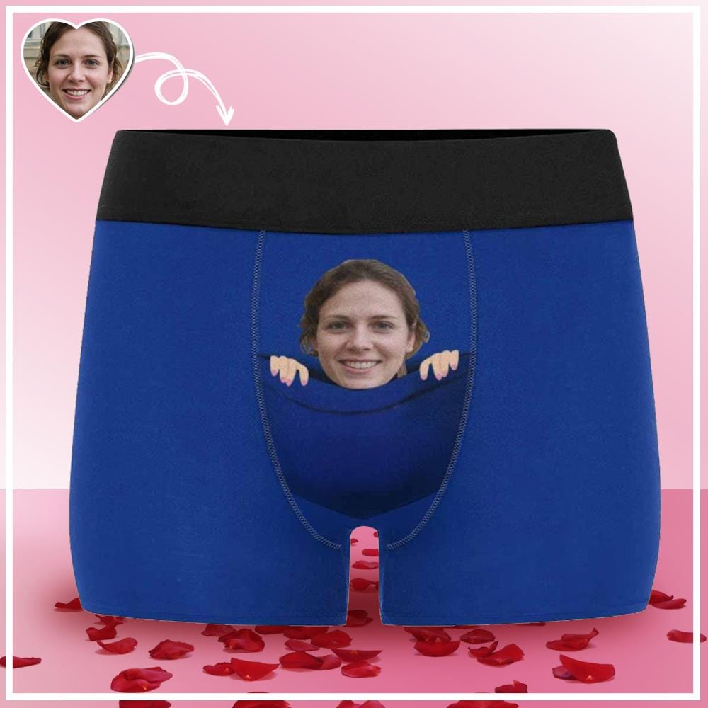 Custom Face Blue Pocket Mens Boxer Briefs - Personalized Underwear for Valentine's Day Gift