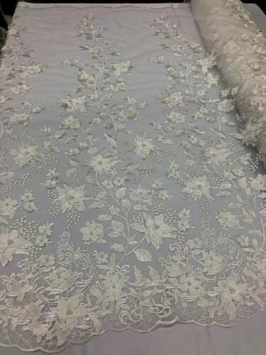 Ivory 3D Floral Embroidered Beaded Mesh Lace Fabric for Dresses and Decor