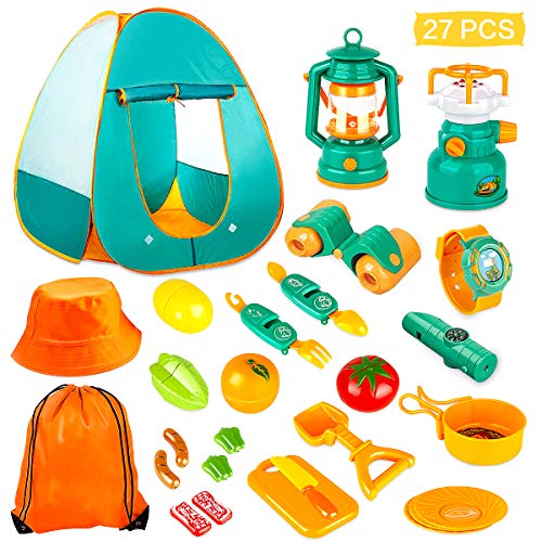KAQINU 27 PCS Kids Camping Set with Pop Up Play Tent and Camping Gear Toys
