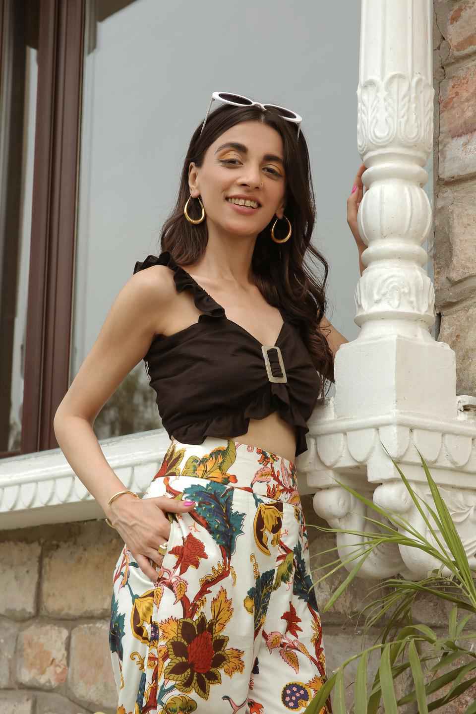 Sweetheart Neck Ruffled Jet Black Top with High Waisted Pant