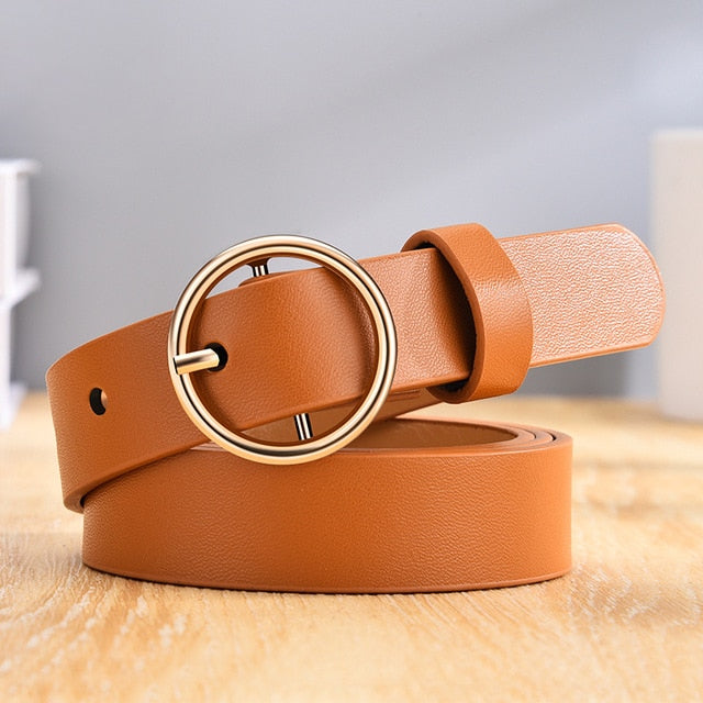 CARTELO Women's Fashion Leather Belt with Golden Round Pin Buckle