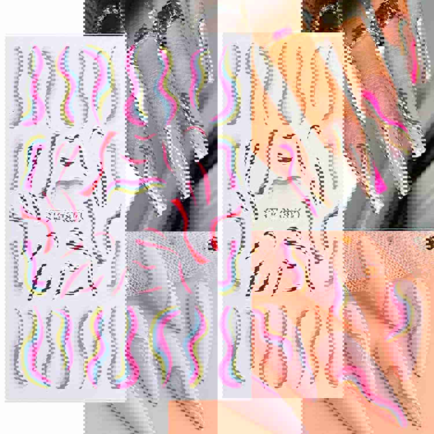 Wave Line Nail Art Stickers Decals, Abstract 3D Nail Stickers for Acrylic Nails Decorations (6Pcs)