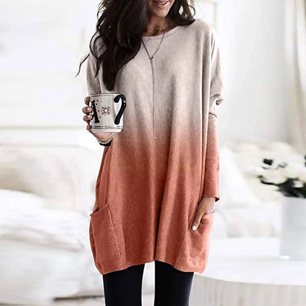 Nukty Women's Long Sleeve Pocket Tunic Blouse - Loose Fit Autumn/Winter Top