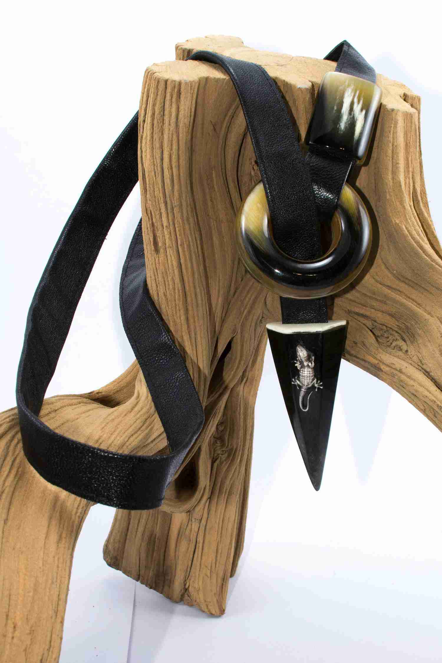 Handmade Horn Necklace with Leather Cord and Silver Salamander Pendant for Women