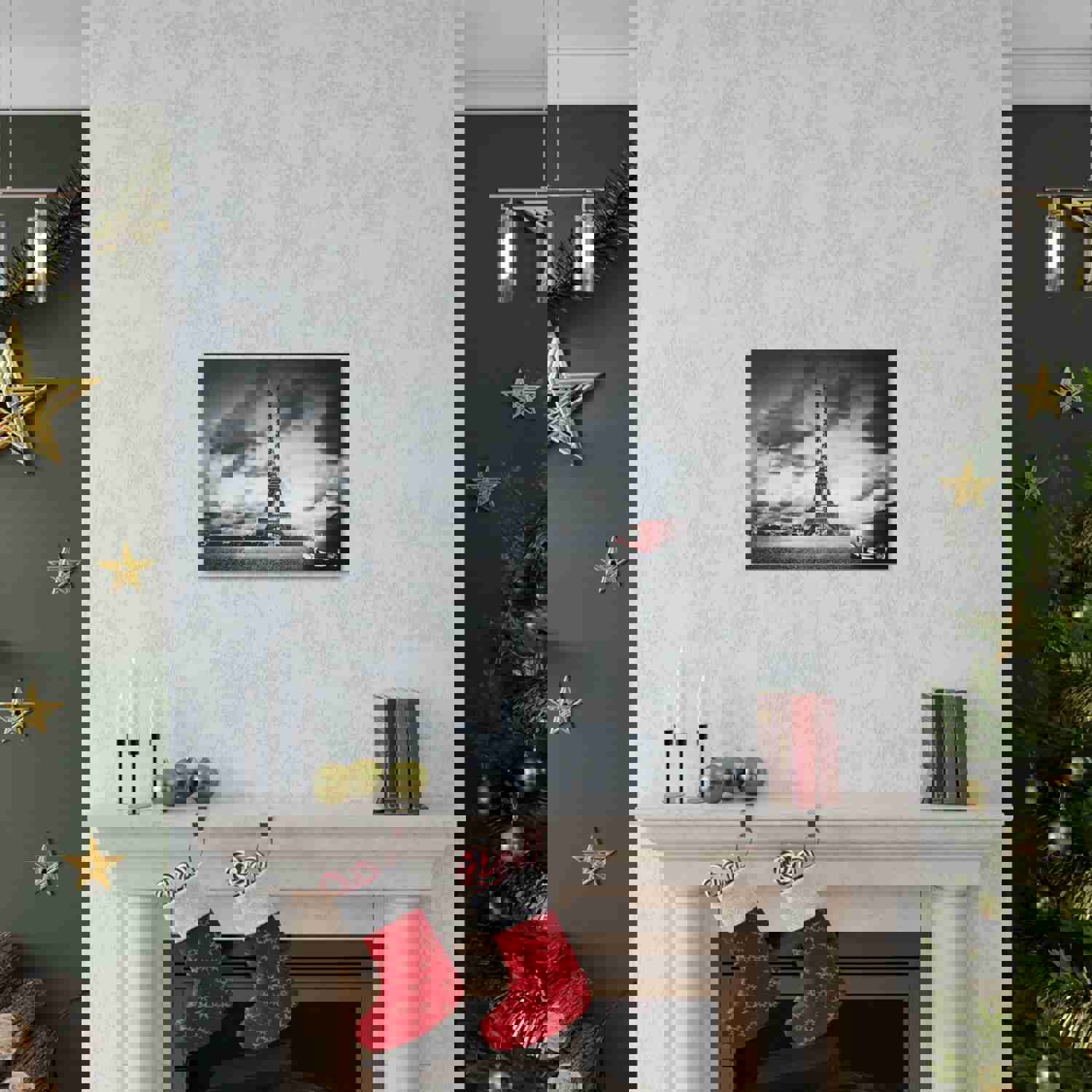Artistic Paris Eiffel Tower and Red Retro Car Canvas Artwork for Home Decor