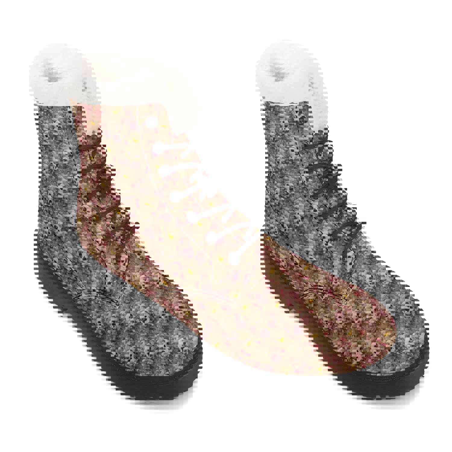 Womens Skulls Floral Faux Fur Leather Boots