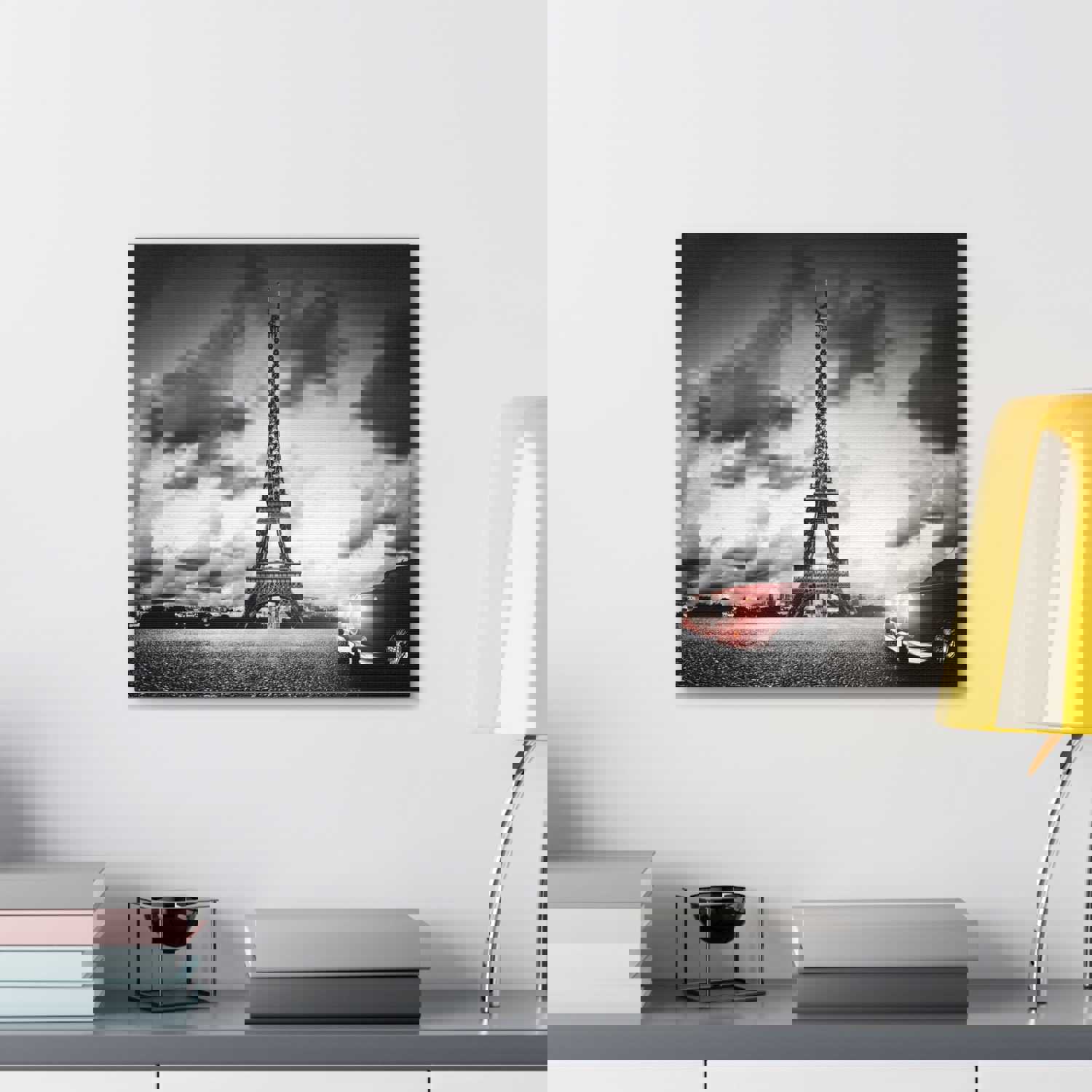 Artistic Paris Eiffel Tower and Red Retro Car Canvas Artwork for Home Decor