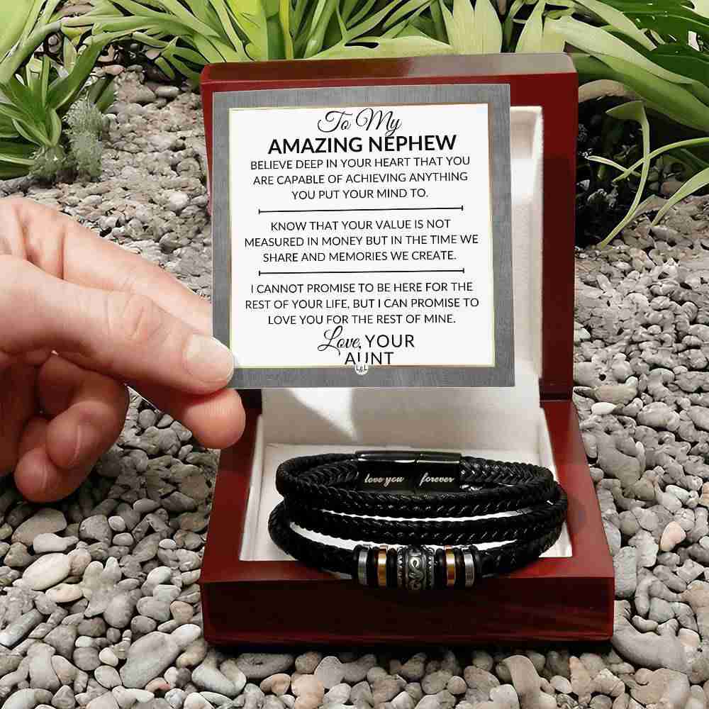 Nephew Gift From Aunt - Inspirational Mens Braided Leather Bracelet