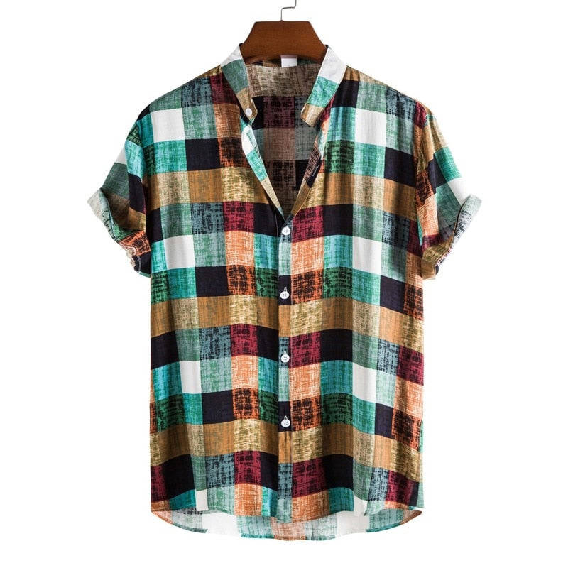 Jinquedai Men's Summer Fashion Plaid Print Short-Sleeved Shirt