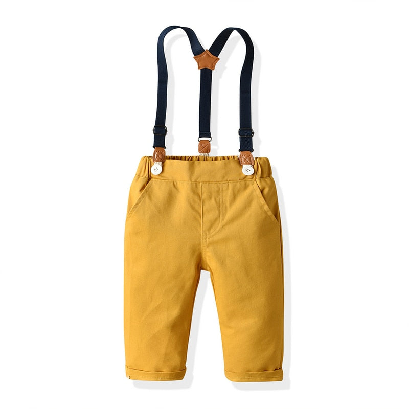 Boys Gentleman Clothing Set - Cotton Long Sleeve Plaid Shirt with Bow Tie and Overalls