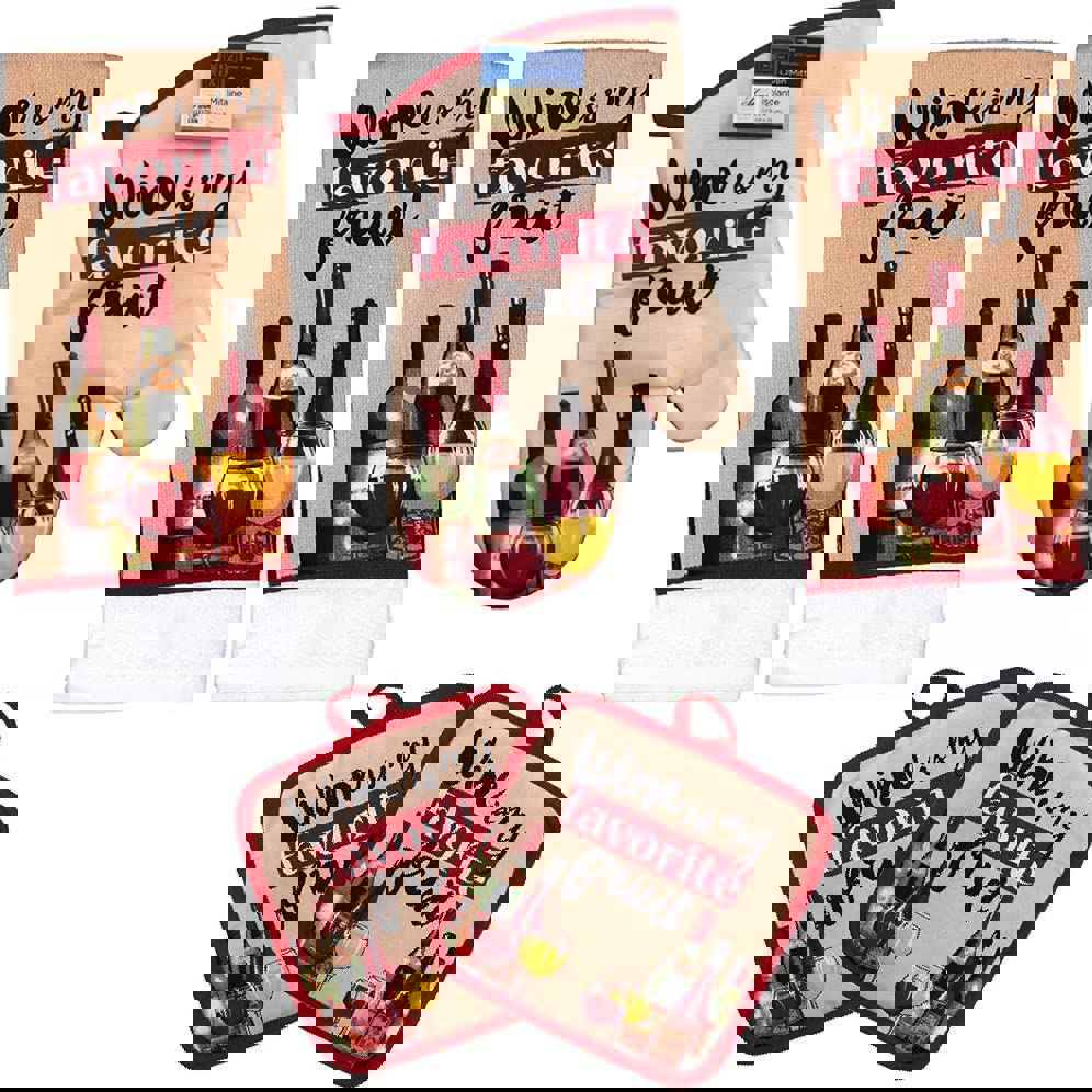 Wine-Themed Kitchen Linens Set - 5 Pc Potholders, Towels & Oven Mitt