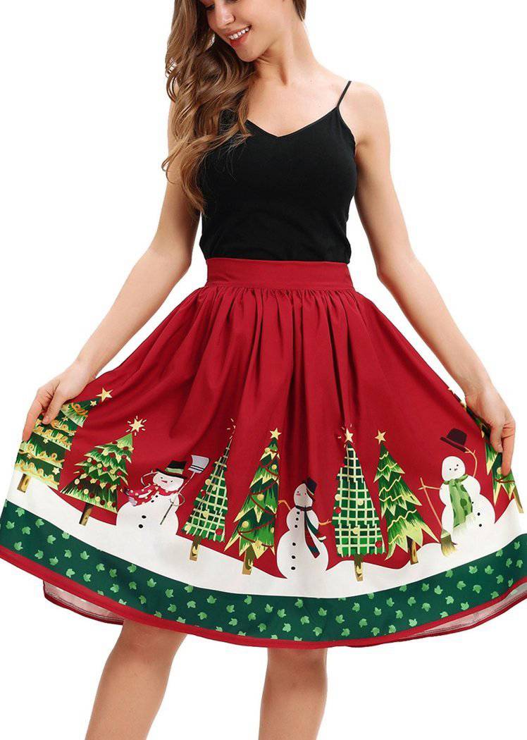 Fashion Christmas Tree Print Knee-Length Skirt for Women