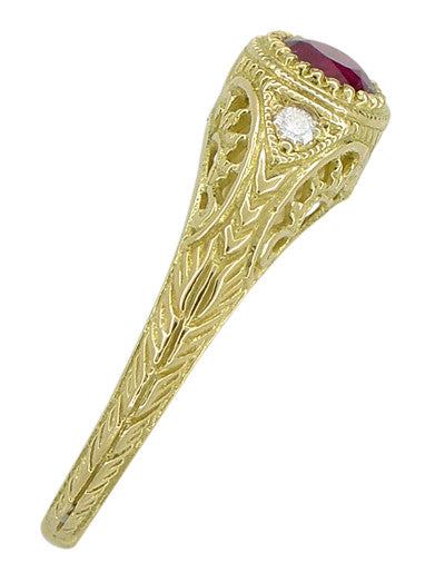 1920s Art Deco Yellow Gold Ruby Filigree Engagement Ring with Side Diamonds