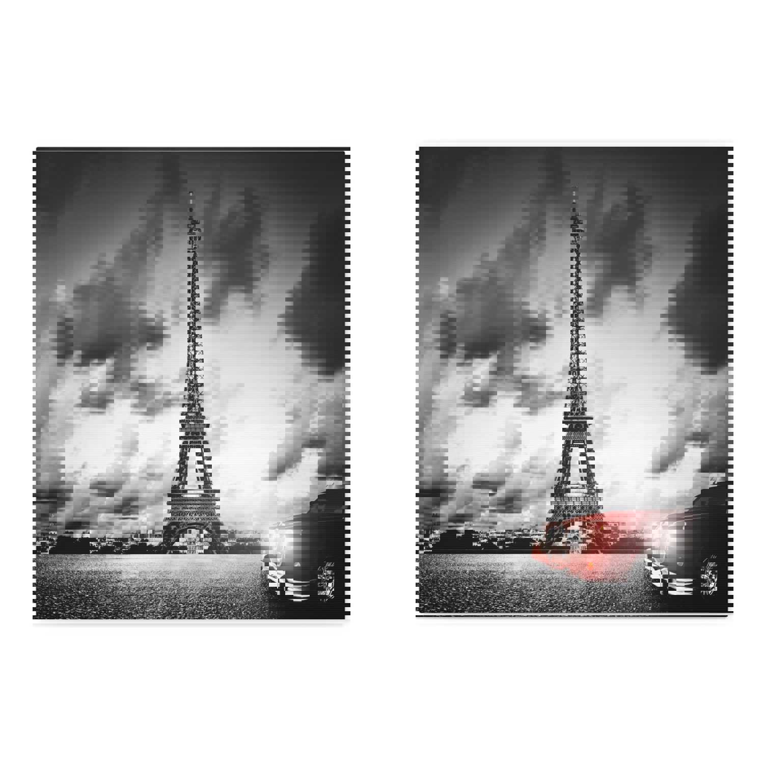 Artistic Paris Eiffel Tower and Red Retro Car Canvas Artwork for Home Decor