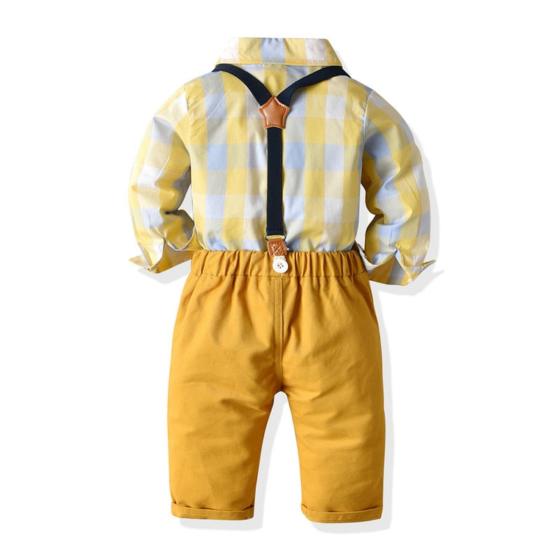 Boys Gentleman Clothing Set - Cotton Long Sleeve Plaid Shirt with Bow Tie and Overalls