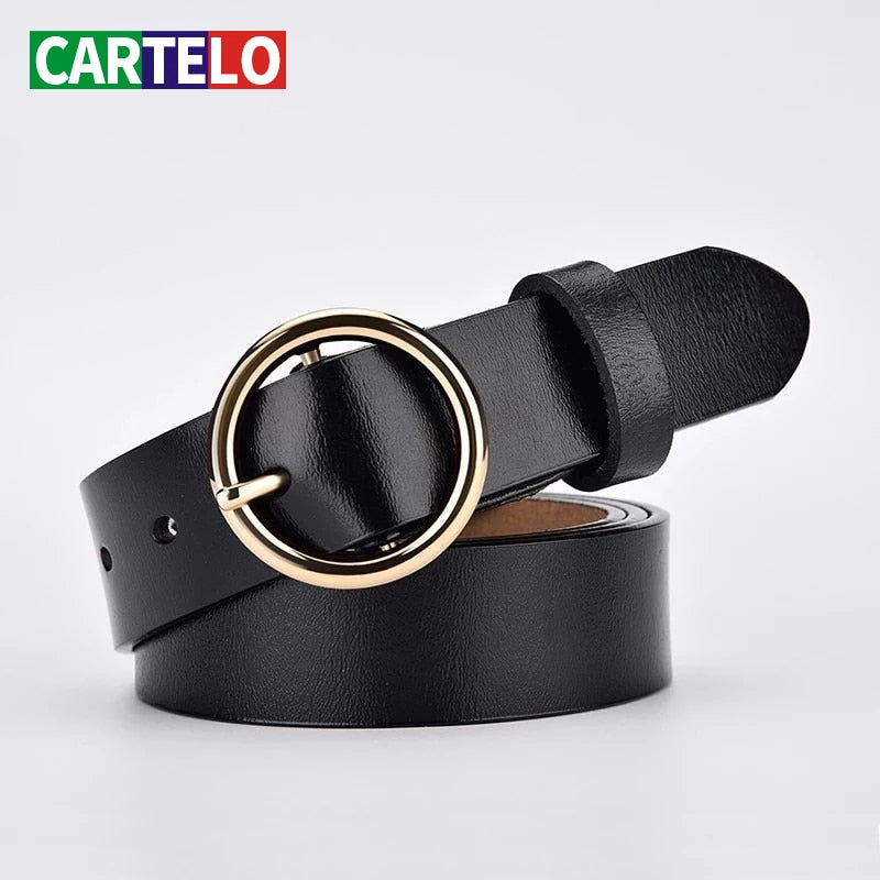 CARTELO Women's Fashion Leather Belt with Golden Round Pin Buckle