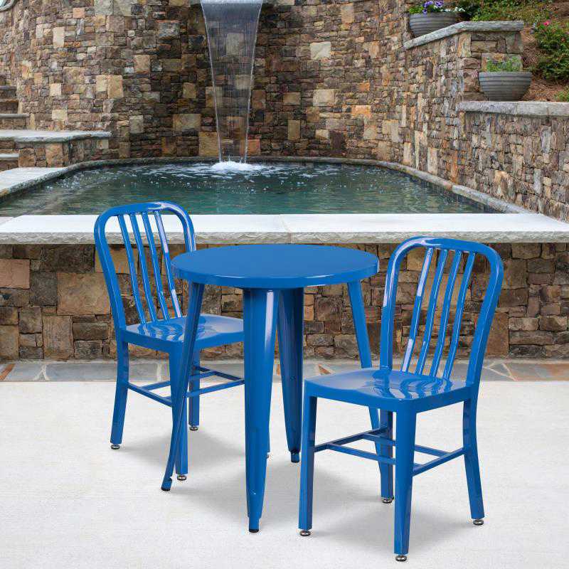 Napoleon Commercial Grade 24 Round Blue Metal Indoor-Outdoor Table Set with 2 Vertical Slat Back Chairs