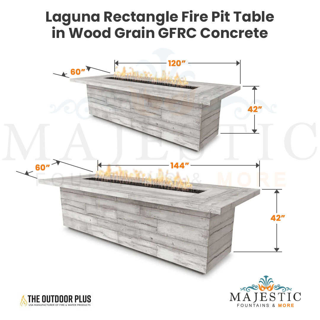 The Outdoor Plus Laguna Rectangle Fire Pit Table in Woodgrain Concrete + Free Cover