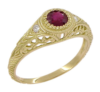 1920s Art Deco Yellow Gold Ruby Filigree Engagement Ring with Side Diamonds