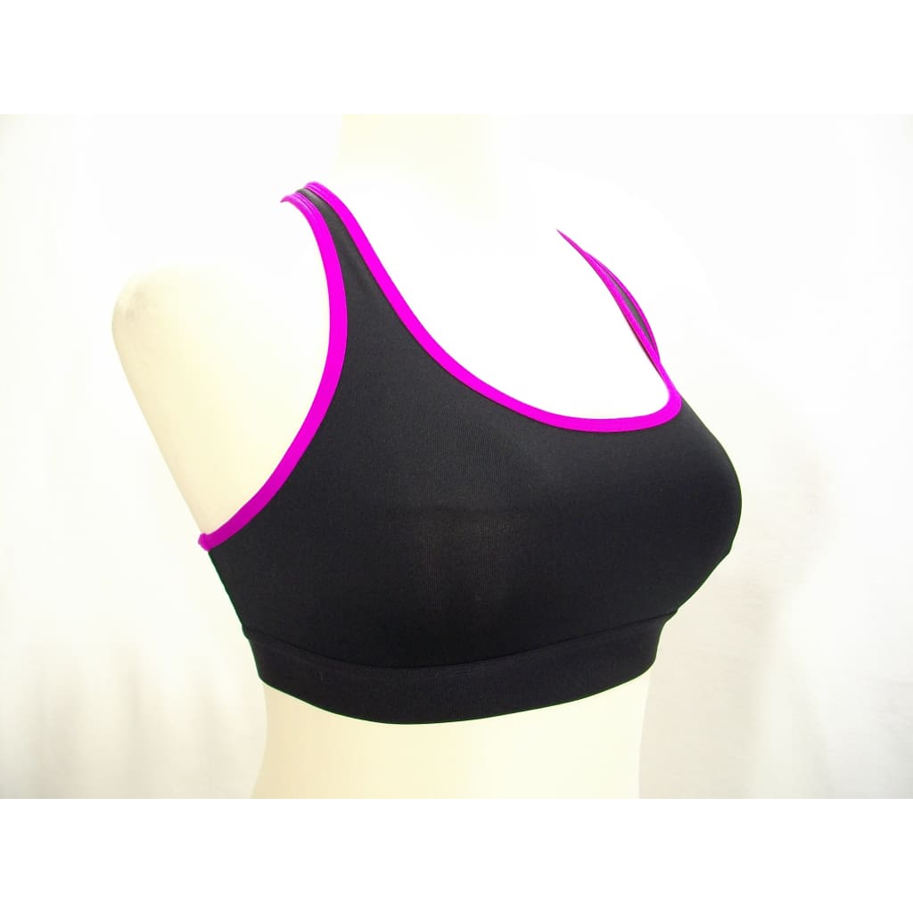 Champion B0791 Compression Racerback Wire Free Sports Bra - Medium, Black with Purple Trim