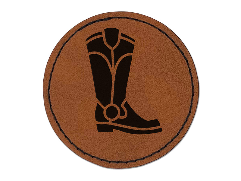 Cowboy Boot Western Round Iron-On Engraved Faux Leather Patch Applique - 2.5"