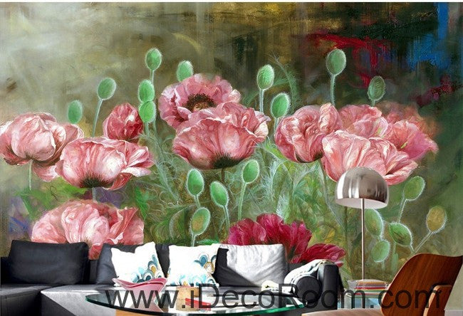 Pink Poppy Flower Illustration Wallpaper Wall Decals for Home Decor