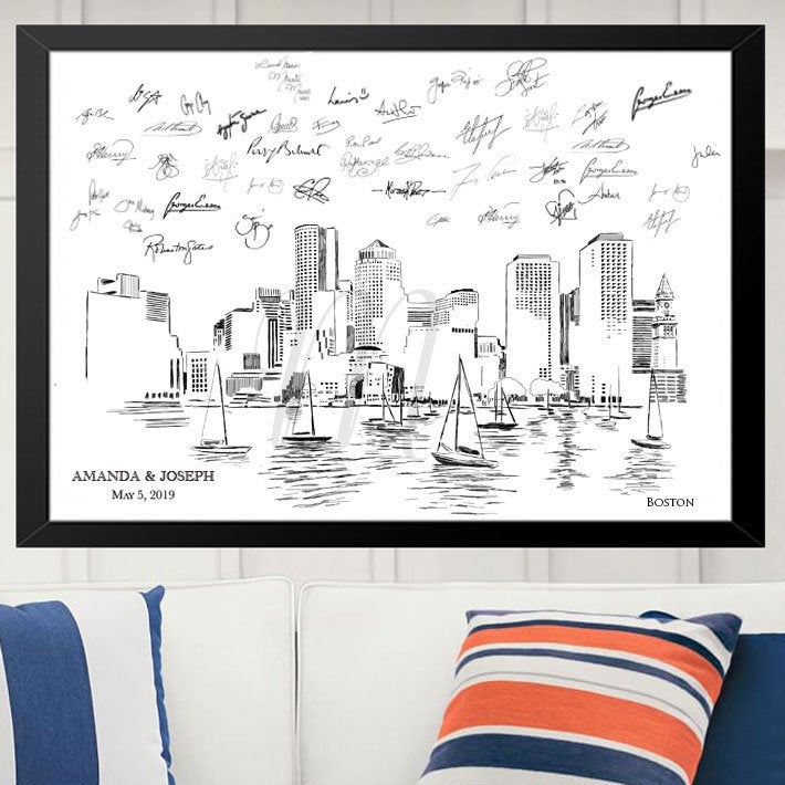 Boston Skyline Wedding Alternative Guest Book - Hand-Drawn Artwork for Special Memories